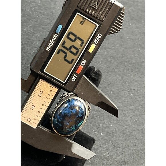 Vintage Sterling Silver Azurite Ring Chunky Open Scrollwork Size 8 Heavy Signed - Picture 5 of 9